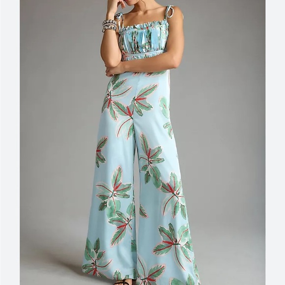 Anthropologie Hutch Ruched Jumpsuit Light Blue Tropical Sz 10 NEW - Picture 1 of 16